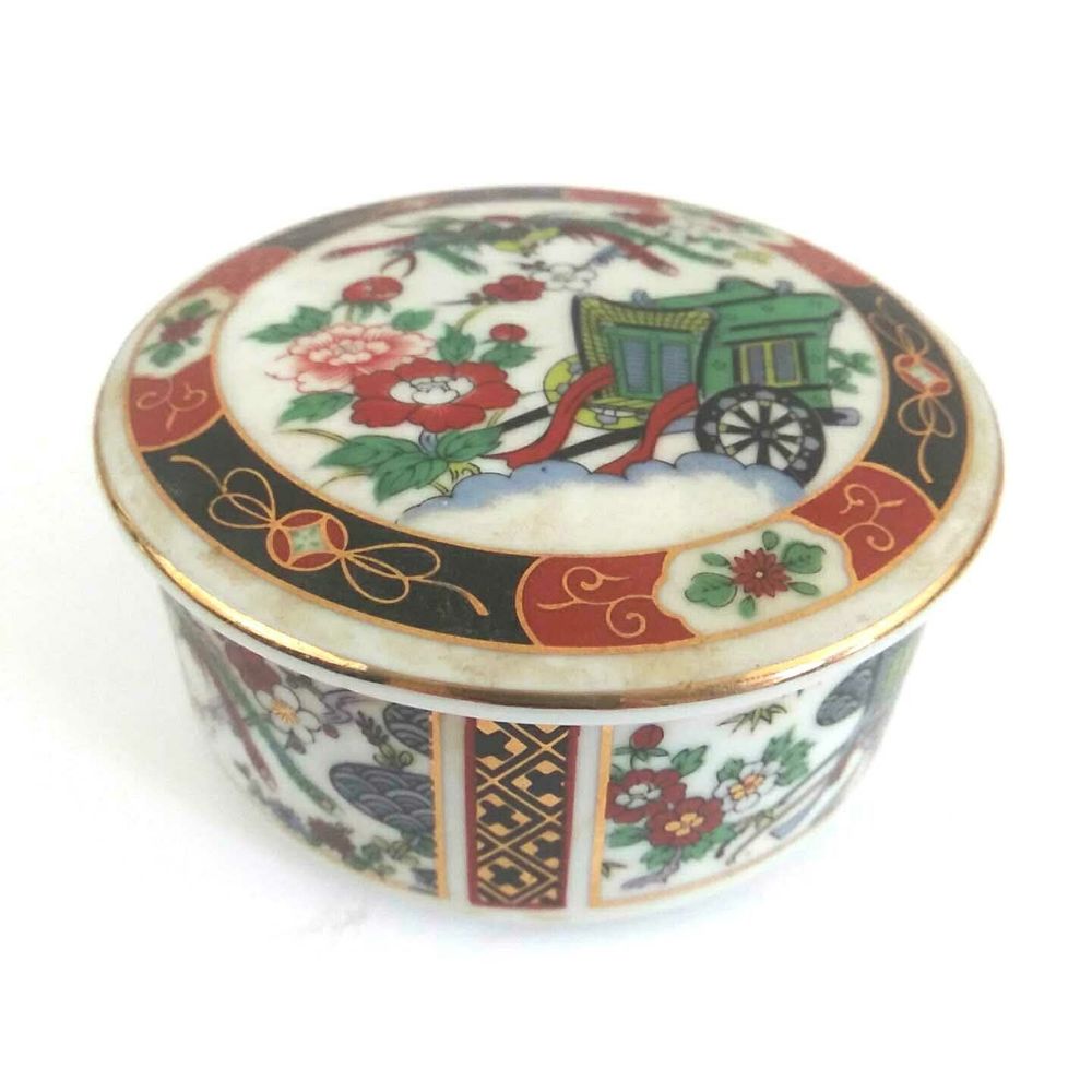 Ardco Lidded Porcelain Trinket Box Floral Garden Birds Gold Trim Made in Japan